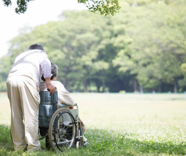 A carer taking a patient out to the park in a wheelchair