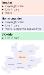 Graphic showing what services are available in each region and a map of London and surrounding counties