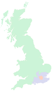 Map of the UK in green, south east region is in purple and london is orange